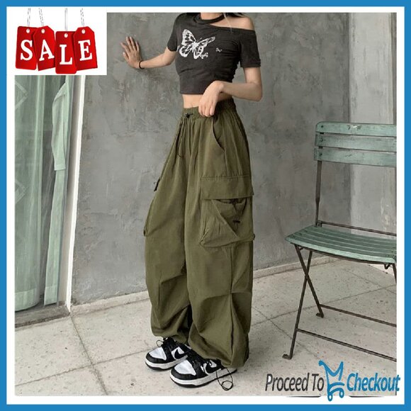 Women's Baggy Cargo Pants High Waist Multi Pocket Straight Leg Vintage - Picture 7 of 8